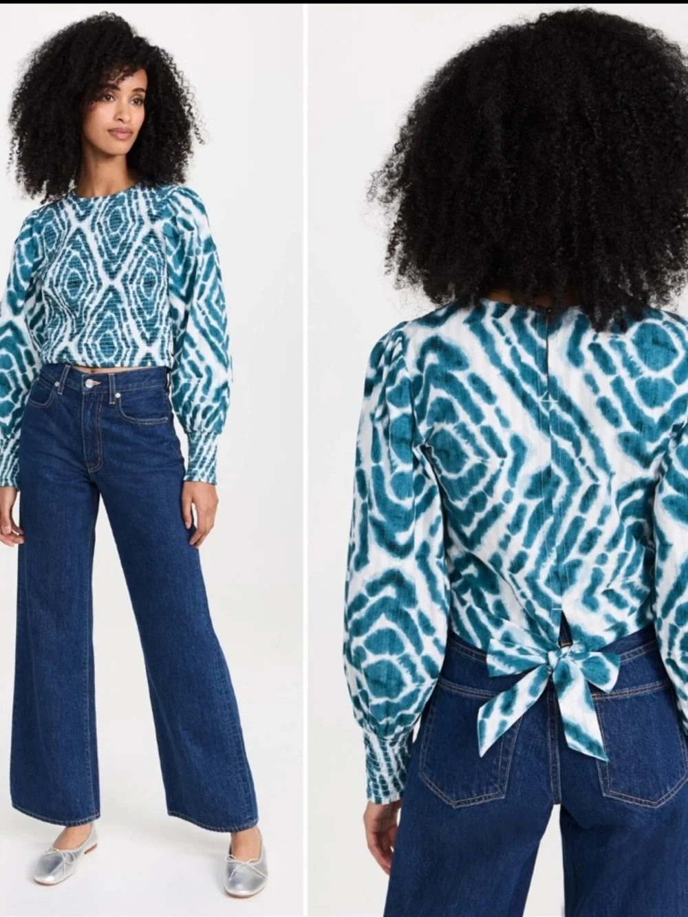 SCOTCH & SODA Smocked Long Sleeve Top Blouse US Size S Bow Back Teal Tie Dye